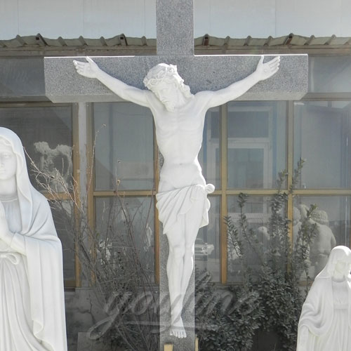Religious Statues White Marble Jesus Statue with Cross for Church