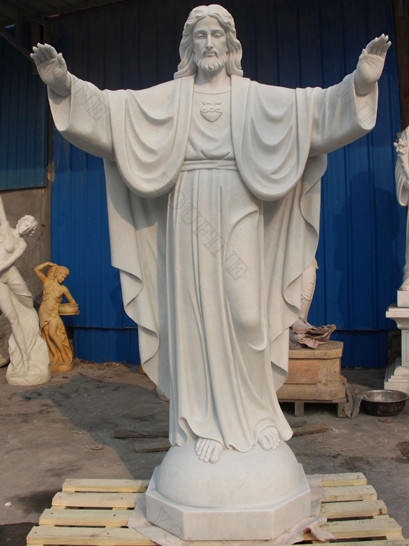 White Marble Jesus Statue with Open Arms on sale